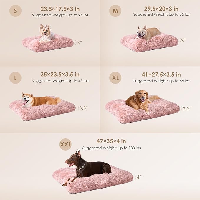 EHEYCIGA Fluffy Dog Crate Bed for Large Dogs, Plush Faux Fur Crate Pad, Calming Anti Anxiety Large Dog Bed, Washable Soft Warm Crate Mat with Non-Slip Bottom, Pink
