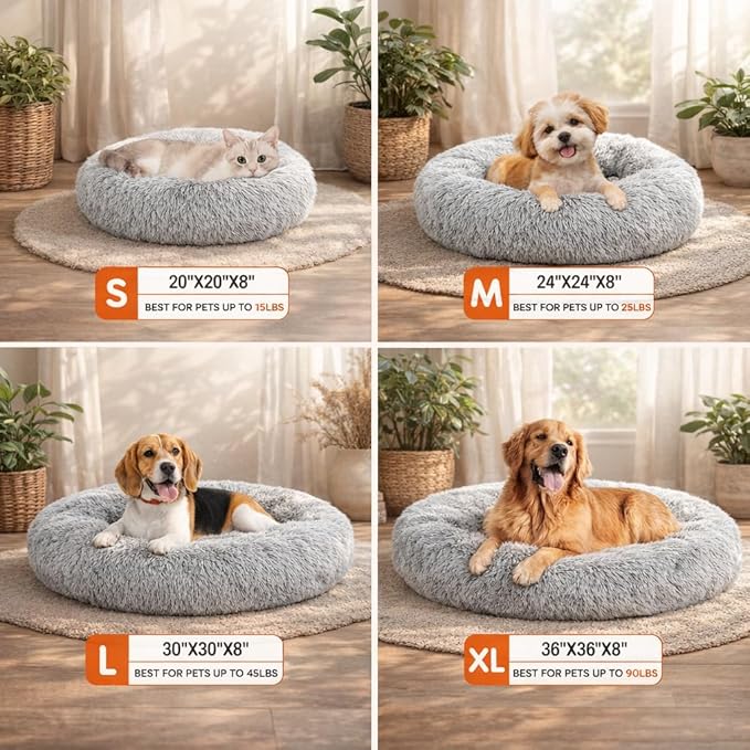 Dog & Cat Bed for Indoor Cats, 30in Calming Donut Pillow mat for Puppy and Kitten, Washable Cooling Round Fluffy Pet Nest for Small Medium Dogs and Cats, Light Grey