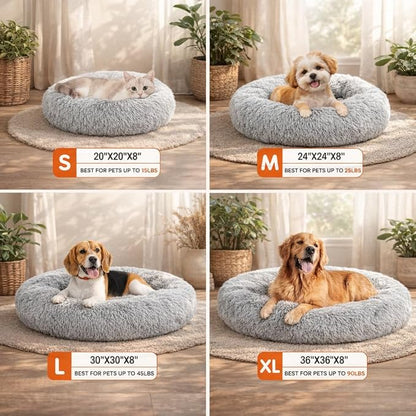 Dog & Cat Bed for Indoor Cats, 30in Calming Donut Pillow mat for Puppy and Kitten, Washable Cooling Round Fluffy Pet Nest for Small Medium Dogs and Cats, Light Grey