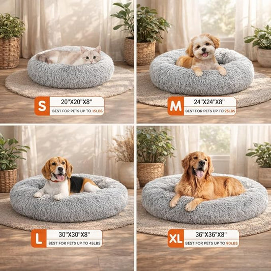 Dog & Cat Bed for Indoor Cats, 30in Calming Donut Pillow mat for Puppy and Kitten, Washable Cooling Round Fluffy Pet Nest for Small Medium Dogs and Cats, Light Grey