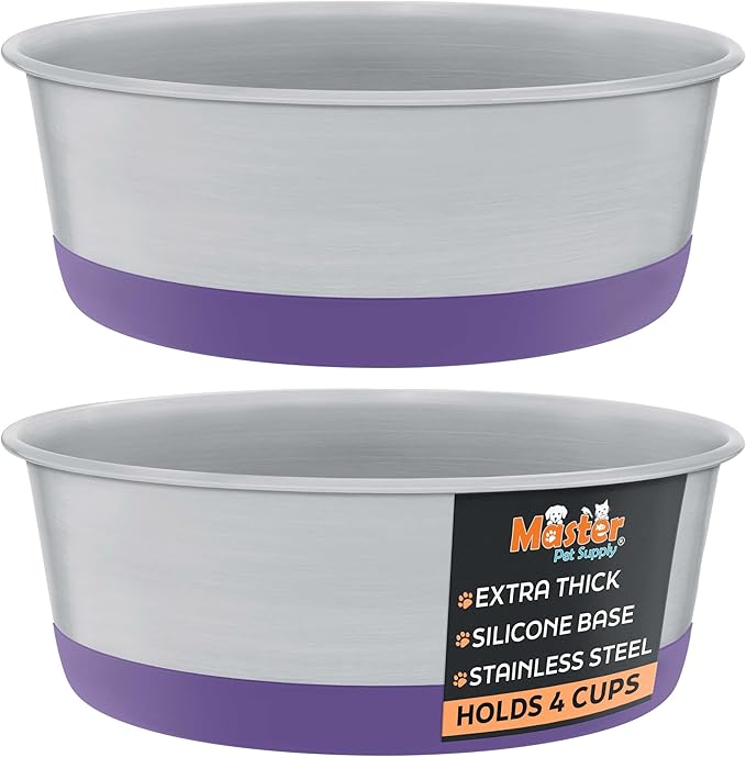 Master Pet Supply Stainless Steel Dog Bowls Set of 2 with Extra Thick Silicone Base - 4 Cup (32 oz) Plum Crazy, Non-Slip, Dishwasher Safe Metal Bowls, Pet Dog Food Bowl for Dogs, Cats, Anti Rust