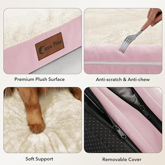 Casa Paw Orthopedic Dog Beds for Large Sized Dogs, Waterproof Egg Crate Foam Large Dog Couch Beds with Comfy Bolster 36x27Inch, Washable Pet Beds with Removable Cover and Nonskid Bottom, Pink