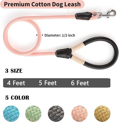 Mile High Life Genuine Leather Wrapped Handle Dog Leash, w Heavy Duty Clasp Rope Leash for Small Medium Large Dogs (Pink, 4FT)