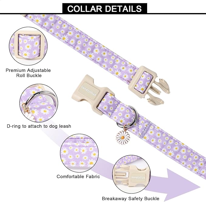 Lionet Paws Floral Dog Collar- Cute Daisy Purple Dog Collars with Plastic Buckle,Light Adjustable Dog Collars for Medium Large Dogs