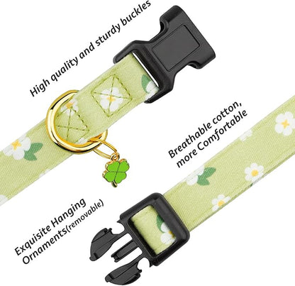 Cotton Handmade Dog Collar Cute and Distinctive Patterns Green Flower with Pendant for Girl Boy Dogs Collars M