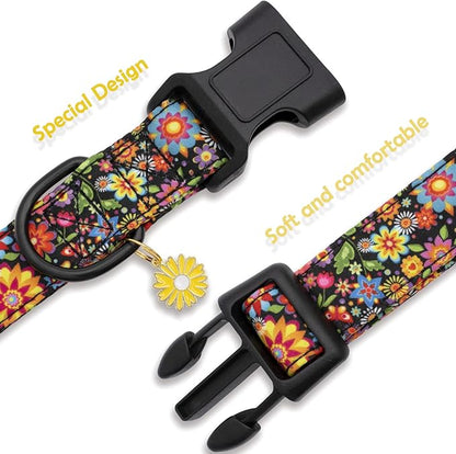 Faygarsle Floral Dog Collar for Girls and Female Dogs Soft and Fancy Pet Collar with Flower Design Ideal Black Dog Collar for Small Medium Large Dogs S