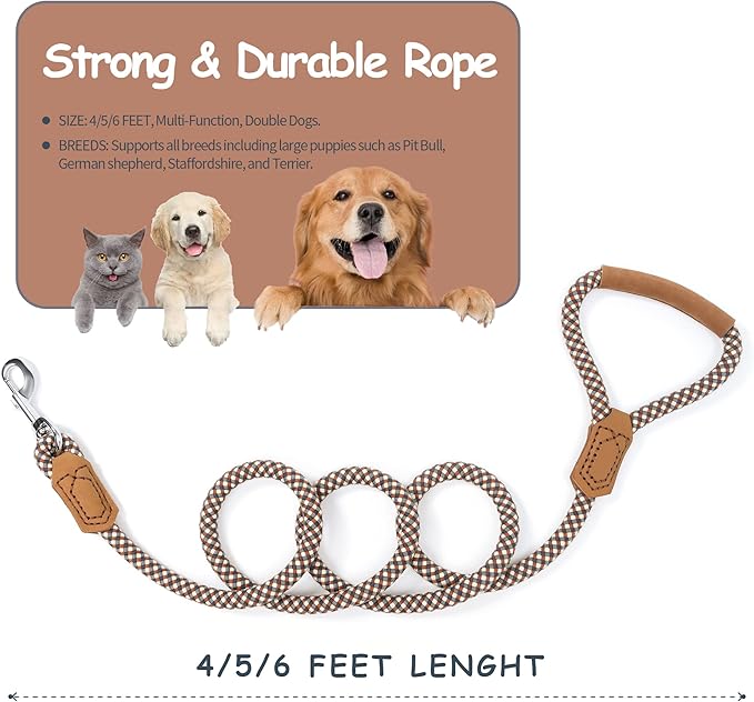 Mile High Life | Premium Leather Dog Leash | Strong Rope Leash | Leather Handle | Zinc Alloy Strong Clasp | Small Medium Large Dogs | 4/5/6 Feet(Brown, 60 Inch (Pack of 1))