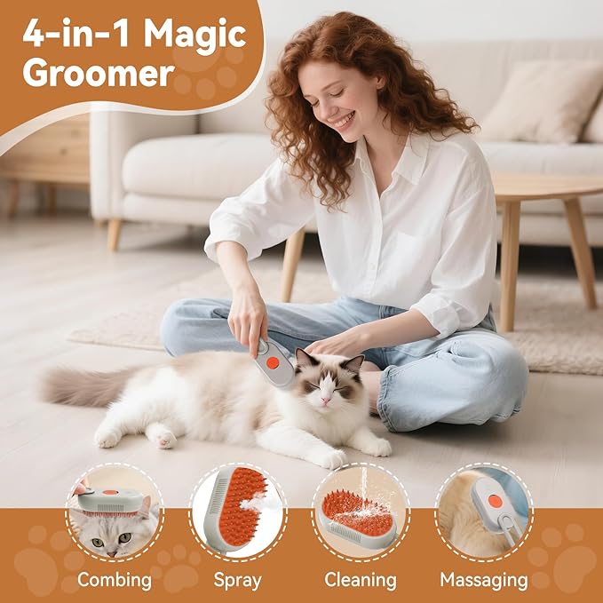 TOOLIAR 4 in 1 Pet Steam Brush for Shedding,Rechargeable cat brushes for indoor cats,Quiet Detangling Brush for Long Haired Cats and Dogs(Cream Color)