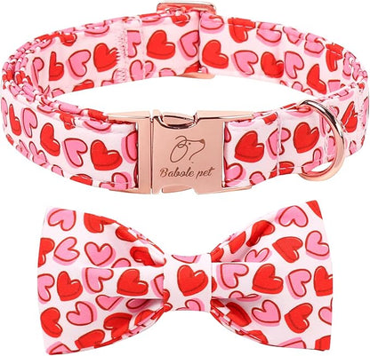 Valentines Dog Collar with Bow - Cute Red Pink Hearts Valentine Bowtie Dog Collars, Adjustable Metal Buckle Male Female Dogs Collar for Small Medium Large Dogs S