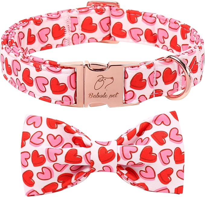 Valentines Dog Collar with Bow - Cute Red Pink Hearts Valentine Bowtie Dog Collars, Adjustable Metal Buckle Male Female Dogs Collar for Small Medium Large Dogs XL