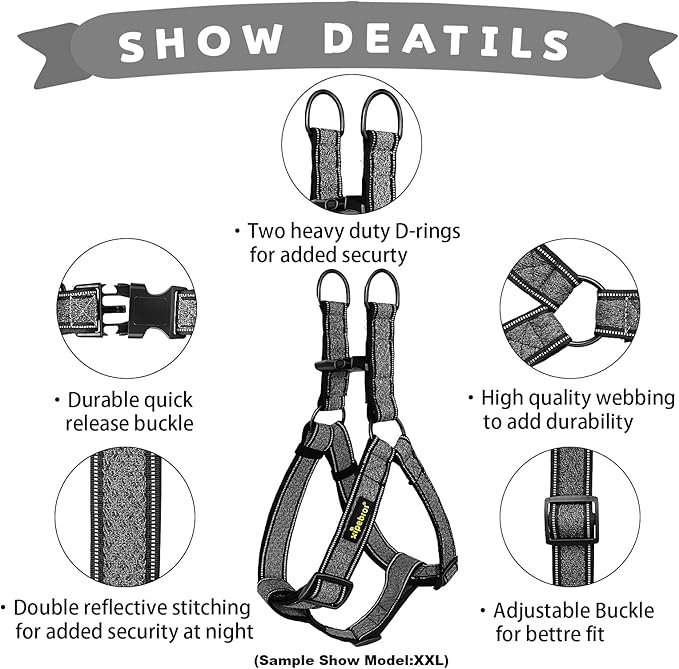 Xipebros No Pull Dog Harness with Reflective Adjustable,Stops Pets from Pulling and Choking On Walks for Large Dogs (Black, XXL)