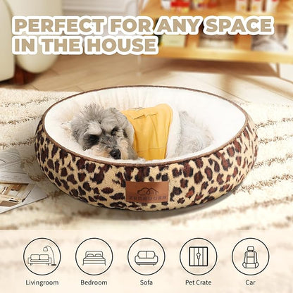 Zerbuger Cat Bed, 23In Dog Beds for Small Dogs, Calming Cat & Dog Beds for Indoor Pets, Pet Beds Comfortable Donut Round Ultra Soft (Leopard, Medium 23in)