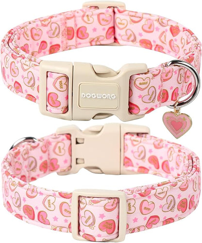 DOGWONG Pink Heart Dog Collar, Small, Valentine's Day Special, Fabric, Soft & Comfortable, Adjustable (4" W x 10" L), Perfect for Small Dogs