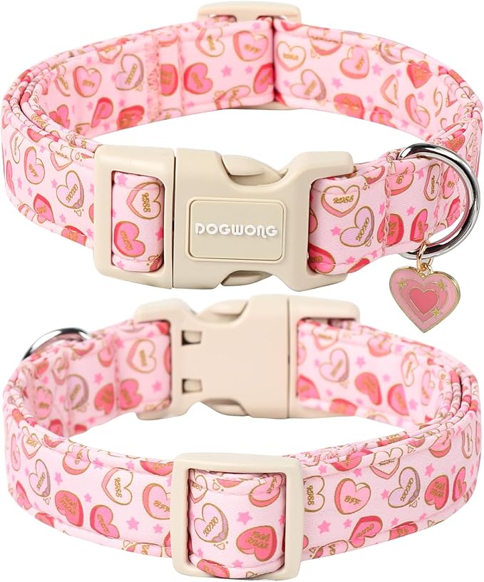 DOGWONG Pink Heart Valentine Dog Collar, Medium, Soft, Adjustable, Cute, for Small to Large Dogs