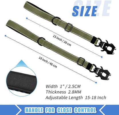Strong Heavy Duty Dog Leash - Adjustable 15"-18" Reflective Nylon Training Leash with Padded Handle & Frog Clip, Traffic Control for Large Medium Dogs No Pull Walking Army Green