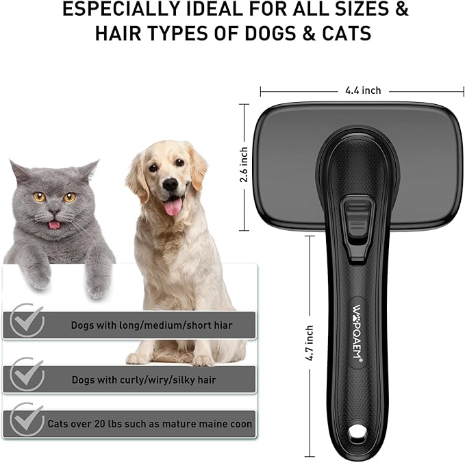 WOPQAEM Self Cleaning Slicker Brush for Dog, Cat, Skin Friendly Shedding & Grooming Tool for Long and Short Haired Pets, Easy Clean Retractable Bristles, Black