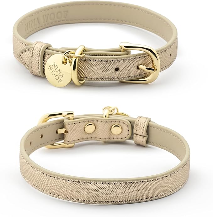 Rio Dog Collar Saffiano Vegan Leather Color Gold Size XS
