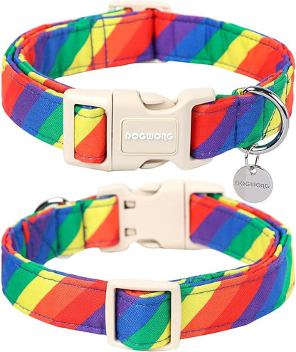 DOGWONG Cotton Dog Collar, Rainbow Dog Collar Durable Soft Natural Fabric Pet Dog Collar Cute LGBTQ Puppy Necklace for Small Medium Large Dog