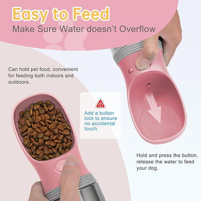 Portable Dog Water Bottle with Food Container, 14 OZ, Stainless Steel Leak Proof Puppy Water Dispenser with Drinking Feeder for Pets Travel, Walking, Hiking and Outdoor Activities