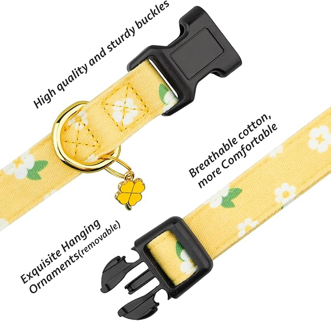 Cotton Handmade Dog Collar Cute and Distinctive Patterns Yellow Flower with Pendant for Girl Boy Dogs Collars S