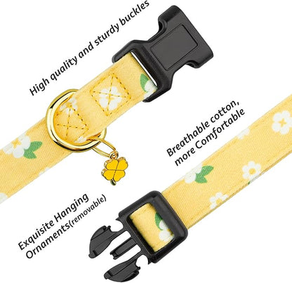 Cotton Handmade Dog Collar Cute and Distinctive Patterns Yellow Flower with Pendant for Girl Boy Dogs Collars S