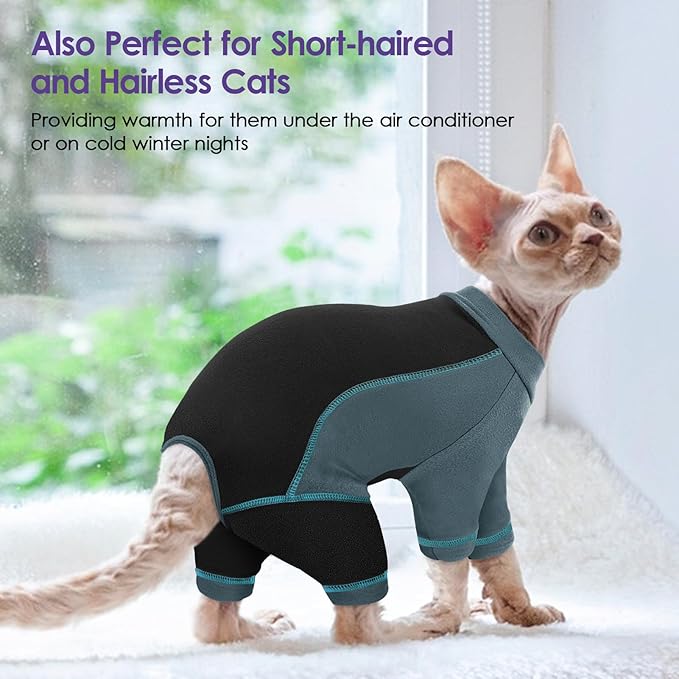 SUNFURA Hair Sticky Cat Clothes, Cat Sweater for Cats Only, 4-Legged Fleece Sweaters Kitten Pajamas Reduce Shedding Fur, Warm Pullover Shirts for Cats, Green L