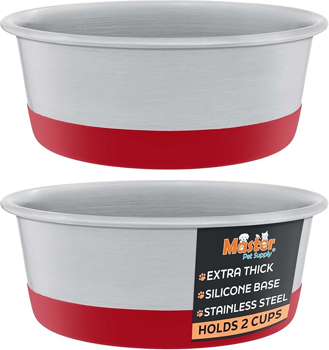 Master Pet Supply Stainless Steel Dog Bowls Set of 2 with Extra Thick Silicone Base - 2 Cup (16 oz) Crimson Red, Non-Slip, Dishwasher Safe Metal Bowls, Pet Dog Food Bowl for Dogs, Cats, Anti Rust