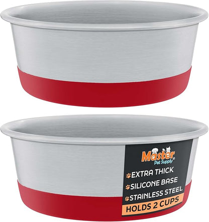 Master Pet Supply Stainless Steel Dog Bowls Set of 2 with Extra Thick Silicone Base - 2 Cup (16 oz) Crimson Red, Non-Slip, Dishwasher Safe Metal Bowls, Pet Dog Food Bowl for Dogs, Cats, Anti Rust