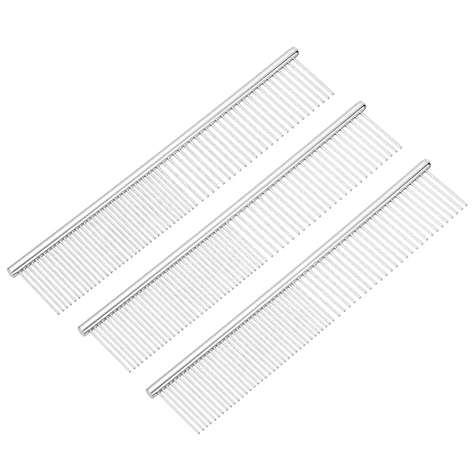 PETAXCELL Dog Cat Comb, Pet Combs Stainless Steel Teeth with Rounded Ends for Knots Mats Loose Hair Removal, 7.5IN (Silver, 3 Pack), Grooming Tool Intended for Long Curly Hair Pet