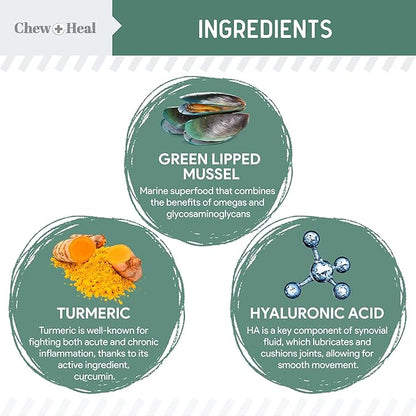 Chew + Heal Labs Glucosamine for Dogs Hip and Joint Supplement - 240 Senior Dogs Mobility Soft Chews - Made with Glucosamine, MSM, Chondroitin, Green Lipped Mussels and More - Made in The USA