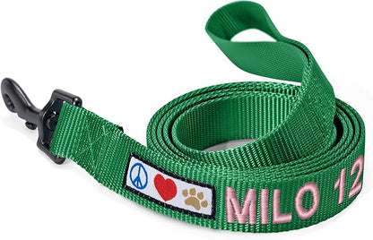 Pawtitas Personalized 6 ft Lush Green Dog Leash XS/S Custom Name and Phone Embroidery Strong Nylon Leash for Small Breeds