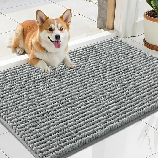 OLANLY Dog Door Mat for Muddy Paws 24x16, Ultra Absorbent Chenille Mud Doormat, Non-Slip Washable and Dirt Trapping Doormat for Indoor Entryway, Quick-Dry Indoor Pet Bed Mats for Dogs, Grey