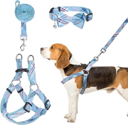 BINGPET Dog Harness Collar Leash Set,Adjustable No Pull Escape Proof Small Dog Harness,Classic Plaid Puppy Harness and Leash Set for Small Medium Large Dogs Training Easy Walk Running(Blue,S)