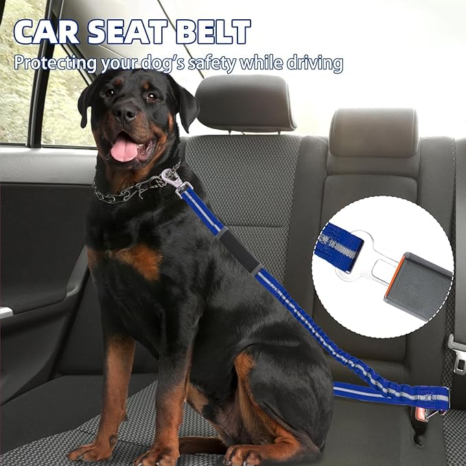 PUPTECK Heavy Duty Bungee Leash for Medium Large Dogs, No Pull Tactical Dog Leash with Double Handles for Training, Reflective with Car Seatbelt and Quick Release Buckle, Blue