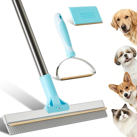 JOYMOOP 3 PCS Pet Hair Removal Tools, A 63" Adjustable Long Handle Carpet Rake and Short Handle Pet Hair Removal, 1 PCS Mini Cat Dog Hair Carpet Rake with Metal & Silicone Scraper for Carpet, Sofa
