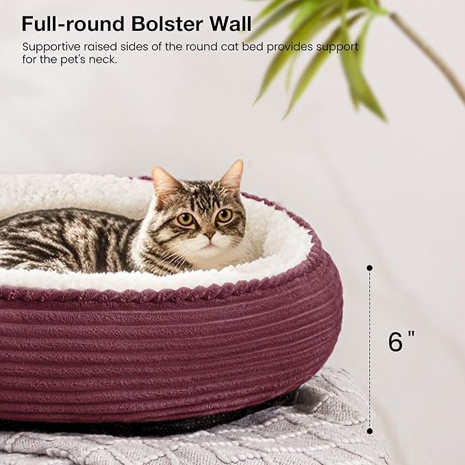Love's cabin Round Donut Cat and Dog Cushion Bed, 20in Pet Bed for Cats or Small Dogs, Anti-Slip & Water-Resistant Bottom, Super Soft Durable Fabric Pet beds, Washable Luxury Bed Burgundy Stripe