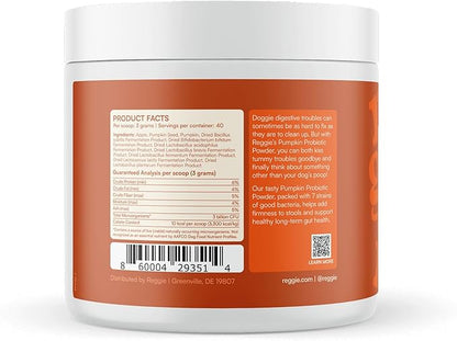 Reggie Pumpkin Probiotic Powder for Dogs | 7-Strain Probiotics + Pumpkin for Gut Health, Digestion & Stool Consistency | Natural Dog Digestive Supplement | Vet-Approved & Made in USA | 40 Scoops