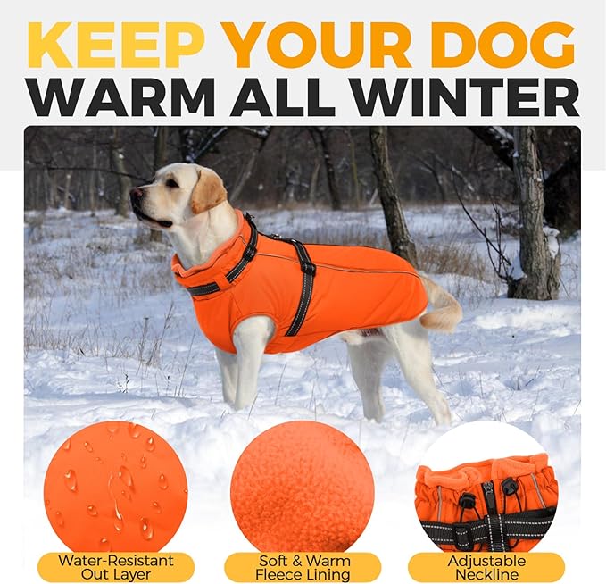 Lelepet Dog Winter Coat Waterproof Dog Jacket with Harness Built in Windproof Reflective Pet Coats for Extra Large Dogs, Thermal Fleece Lined Coats for Cold Weather Walking, Great Dane, Orange, 3XL