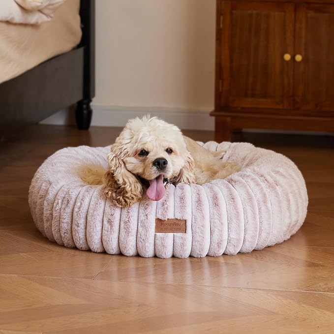 FUKUMARU Dog Bed, Calming Donut Dog Beds for Anxious Puppies, Modern Aesthetic Cat Bed with Gradient Print, Cute Round Pet Beds with Washable Cover, Orthopedic Puppy Bed, Camel, Small, 25 inches