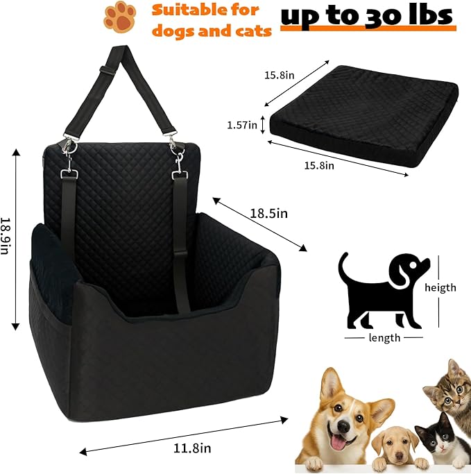 Dog Car Seat for Small Dogs Under 30lbs, Dog Booster Seat with Detachable Washable Cover and Cushion, Memory Foam Pet Car Seat with Safety Belt and Storage Pockets