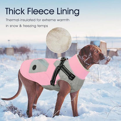 IECOii Dog Winter Coat Waterproof - Pink, Medium - Dog Coat with Harness Built in for Medium Dogs, Thermal Warm Fleece Lined with Zip Up Cold Weather Jacket, Reflective Snowsuit for Outdoor Hiking