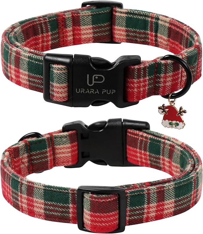 Christmas Dog Collar– Adjustable Red & Green Checkered Dog Collar for Small Medium Large Dogs, Soft Xmas Plaid Puppy Collars with Quick Release Buckle XL