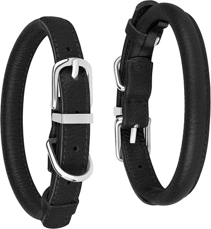 OOPSDOGGY Rolled Leather Dog Collar Soft Roll Collars for Small Medium Large Dogs Puppy (Black, XS, 8"-11")