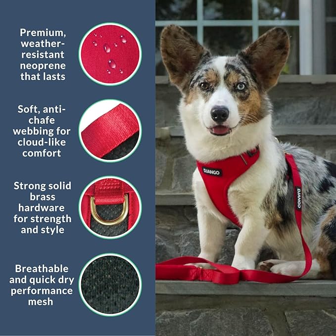 DJANGO Adventure Dog Harness - Stylish and Durable Large Dog Harness for Outdoor Adventures and Everyday Wear - Red Neoprene Adjustable Harness for Dogs with Reflective Piping, Solid Brass D-Ring