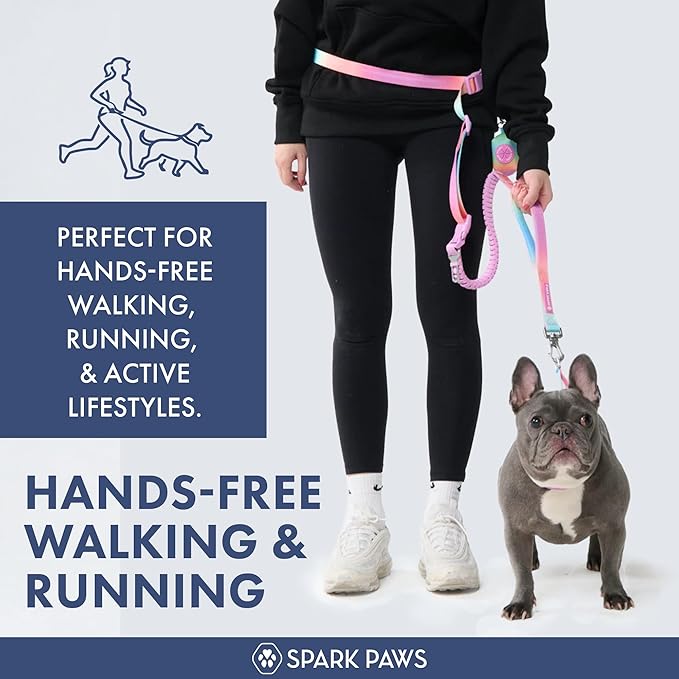Spark Paws Handsfree Dog Leash – Shock Absorbing Waist Bungee Lead for Running, Car Seatbelt Clip & Poop Bag Set, Heavy Duty Tactical Lead for Medium, Large & X-Large Breeds - Pastel Icing