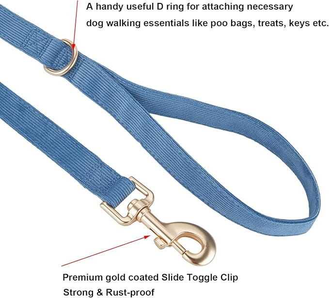 Ewinoom Soft Corduroy Dog Collar and Leash Set Adjustable Durable Dog Collars with Metal Buckle and Lead for Medium Dogs,Royal Blue