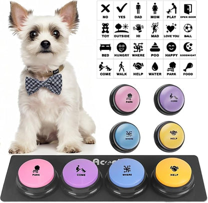Dog Buttons for Communication, 4 Dog Talking Button Set, Speaking Buttons for Cats and Dogs, 30s Voice Recordable Pet Training Buzzer with Waterproof Dog Activity Mat and 48 Scene Stickers