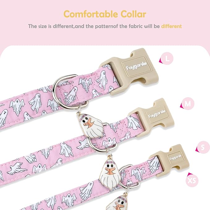 Faygarsle Pink Ghost Pattern Dog Collar with Charm, Halloween Pet Necklace, Adjustable Collar for Small Medium Large Dogs M