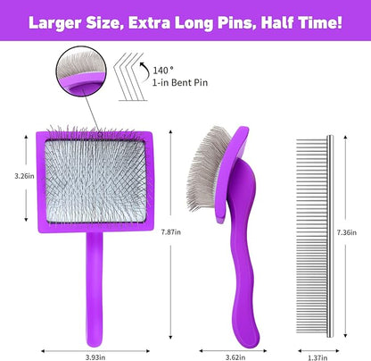 Dog Slicker Brush & Stainless Steel Comb Set for Shedding & Grooming Medium & Large Long or Thick Coated Dogs, Doodles & Cats, 1 Inch Pin Slicker Brush with Ergonomic Wooden Handle, Purple