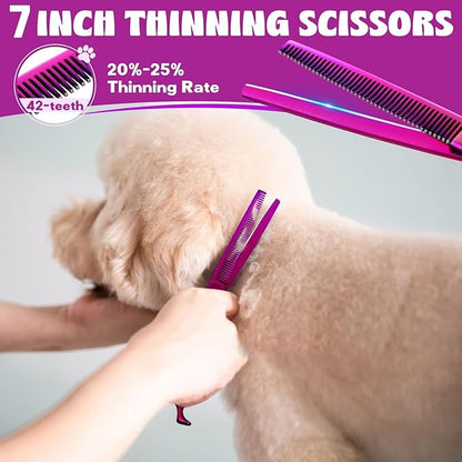 JASON Purple 6 in 1 Dog Grooming Scissors Set - Professional Thinner Set - 7" Thinning, Straight, Up-Curved, Down-Curved Scissors and Comb for Dog Cat Pet with Adjustable Screw